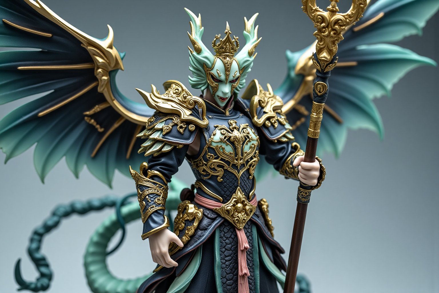 A highly detailed PVC figure of a personified dragon general, standing with a commanding and regal presence. The general is dressed in ornate, battle-worn armor, adorned with intricate dragon motifs that wrap around his chest and shoulders, reflecting his fierce strength and dragon-like power. On his head, he wears a jade crown, symbolizing both his nobility and his connection to ancient, mystical forces. In his right hand, he grips a long spear, the shaft decorated with swirling dragon patterns that seem almost alive, shimmering with a metallic sheen. At his waist hangs a finely crafted sword, its hilt wrapped in tassels that gently sway, adding a touch of elegance to his otherwise fearsome appearance.
The general's entire posture exudes an aura of confidence and dominance, his broad chest puffed out and his stance firm as he stands ready for battle. Behind him, a pair of large, powerful wings spread wide, each feather finely detailed, allowing him to take flight and soar through the heavens with ease. His wings, combined with his fearsome armor, give him the appearance of a warrior who can both rule the skies and dominate the battlefield. The PVC material highlights the sleekness of his armor, the shimmer of his crown, and the fluidity of his wings in mid-motion. His presence is awe-inspiring, as if he were about to leap into the sky, riding the winds and commanding the clouds with his indomitable spirit. a 3D rendering of a figurine, Fantasy detailers, RPG Style