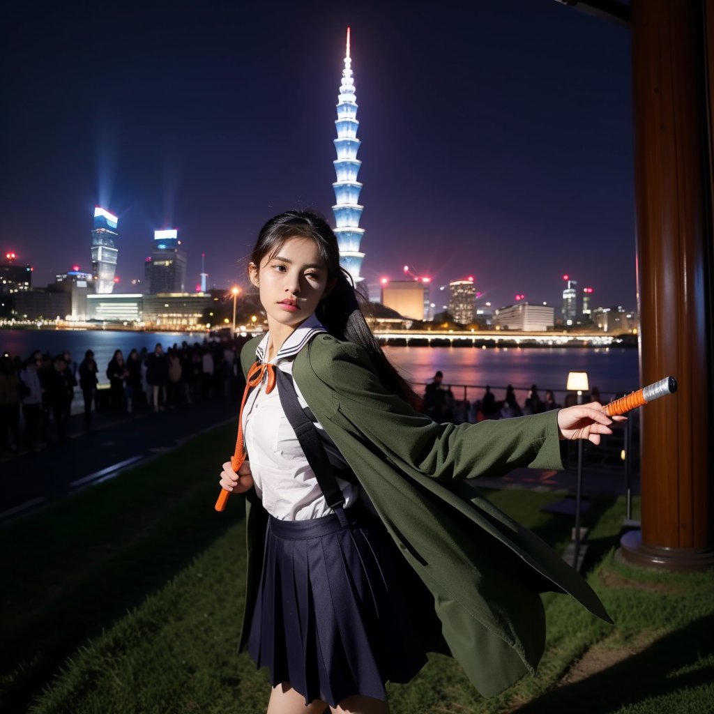 First person perspective. Focus on the energy light knife. A beautiful female high school student wears the uniform of the "Attack on Titan" Survey Corps. Her hair is purple and orange and tied into a ponytail. She has a flowing green cloak and the wings badge of the Survey Corps on her chest. He is in the midst of a battle, wielding his swords with swift and powerful movements. He uses a three-dimensional maneuvering device to fly. The background is Taipei 101.