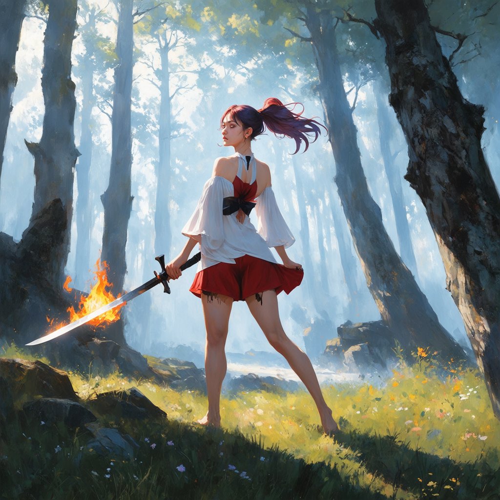 A beautiful Taiwanese girl with long iris purple and orange-red gradated hair tied into a ponytail, wearing a wide-open blouse and damaged red super short hot pants, barefoot, holding a long sword that blends ice and fire. She stands confidently in a misty forest, the soft light filtering through the trees highlighting her ethereal appearance. The composition captures her dynamic pose, with the sword in hand and the mist swirling around her, creating a mystical and powerful atmosphere.