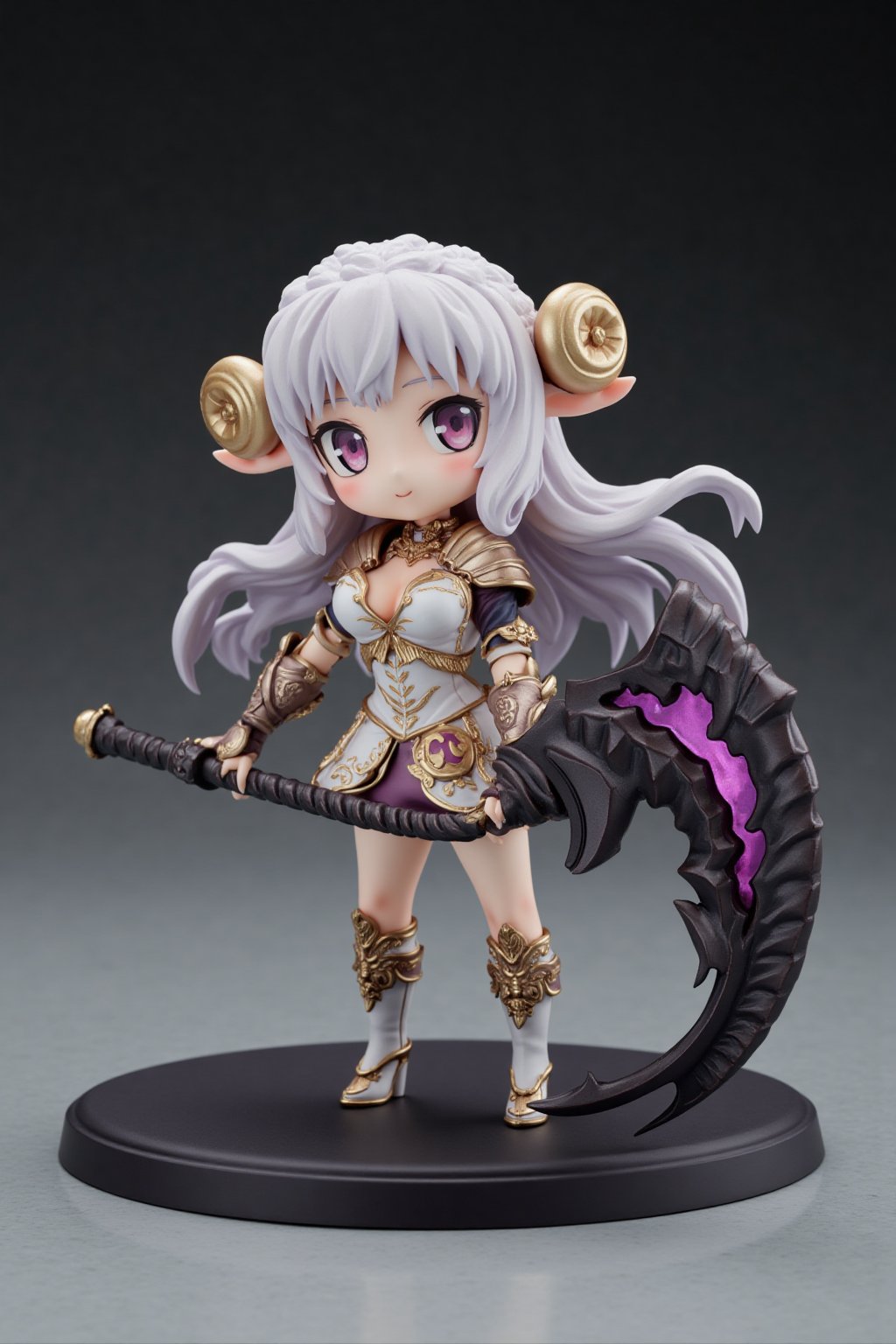 A highly detailed PVC figure of a personified sheep general, combining both an adorable and deadly aesthetic. The general is dressed in lightweight, finely crafted armor that still allows her soft, fluffy sheep wool to be visible, creating a unique blend of battle-readiness and cuteness. Her wool is sculpted with delicate, intricate textures that emphasize her innocent and petite appearance, giving her the look of a charming young girl. However, in stark contrast to her cute, loli-like design, she wields an enormous, menacing scythe—a weapon of the Grim Reaper.
The scythe is massive, with a long, twisted handle and an impossibly large, wickedly curved blade that gleams darkly, suggesting immense destructive power. The oversized weapon dwarfs her small frame, creating a striking visual contrast that combines her innocence with an underlying deadly force. Despite the scythe’s intimidating size, she handles it with ease, as if it were a natural extension of her. Her expression is one of soft innocence, with wide, curious eyes and a gentle smile, adding to the overall sense of dissonance between her appearance and the dangerous weapon she carries.
Her posture is relaxed yet confident, as if unfazed by the gravity of the scythe in her hand, further enhancing the contrast between her cute, childlike appearance and the fearsome, battle-ready aura she radiates. The PVC material highlights the softness of her wool, the shine of her armor, and the cold, lethal sheen of her scythe, making her both a captivating and unsettling figure. The juxtaposition of her small, adorable form with the oversized Grim Reaper scythe creates an intriguing visual balance of cuteness and danger. a 3D rendering of a figurine, Fantasy detailers, RPG Style