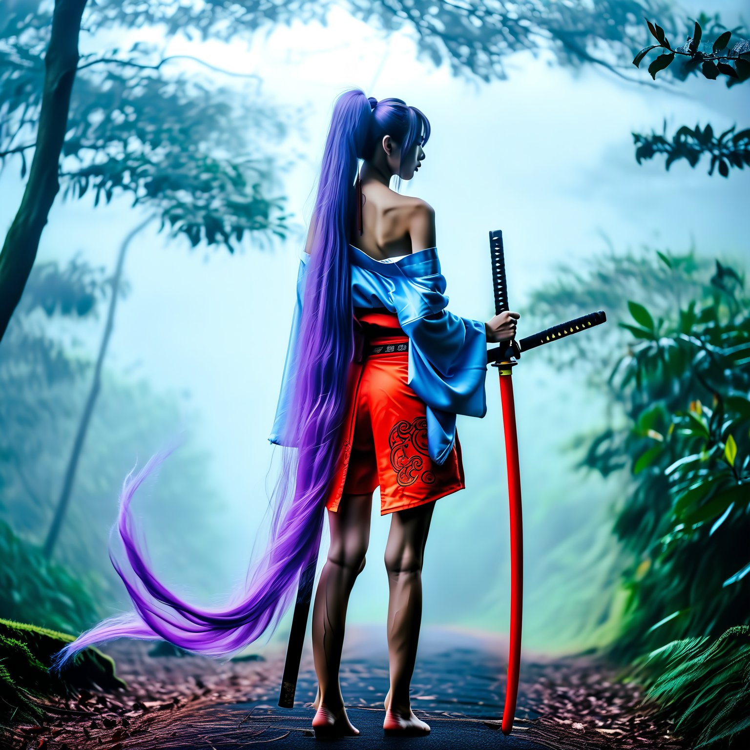 A beautiful Taiwanese girl with long iris purple and orange-red gradated hair, tied into a ponytail, stands in a misty forest. She wears a wide open blouse, damaged red super short hot pants, and is barefoot. She holds a long sword blending ice and fire elements. The misty atmosphere adds an air of mystique.