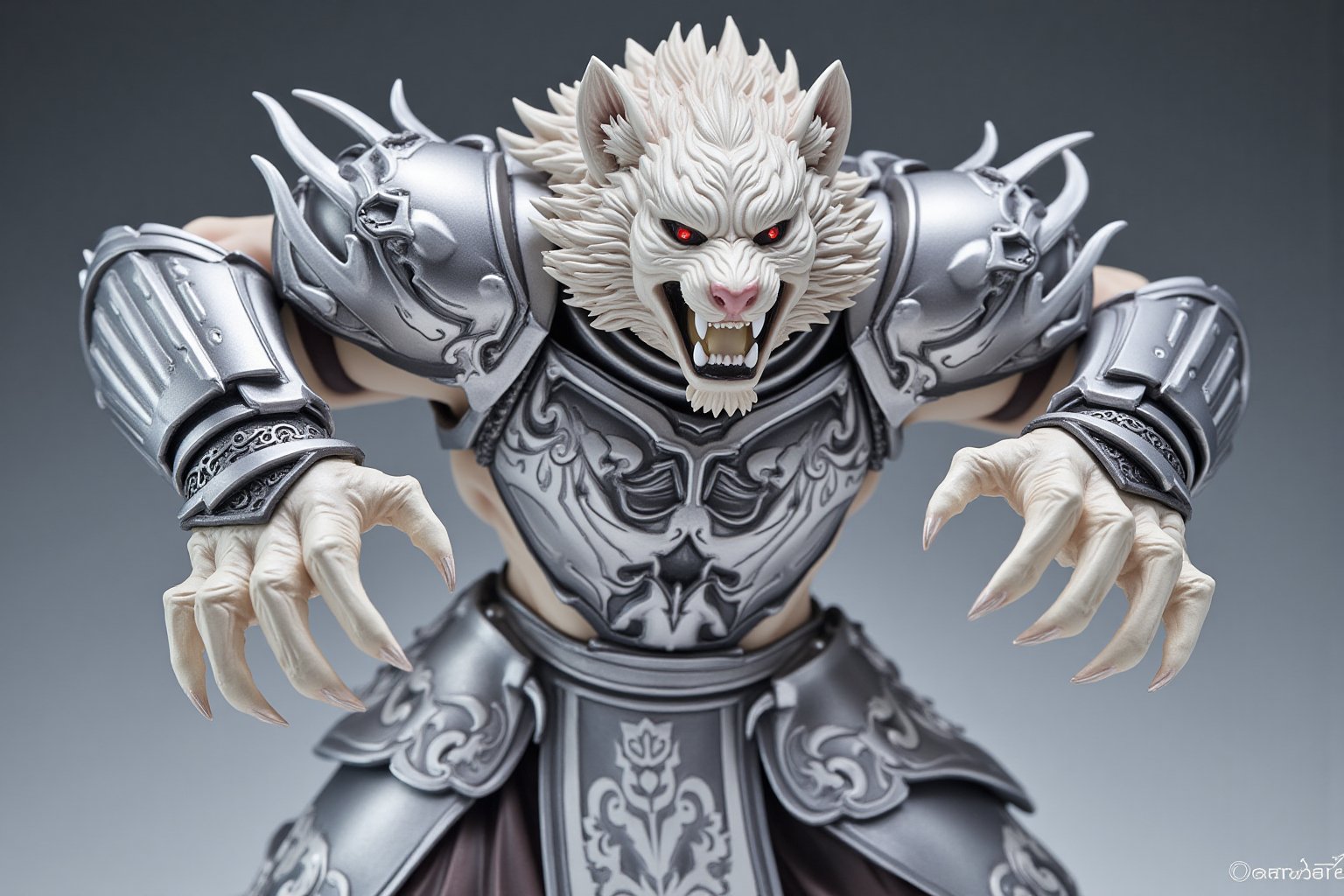 A highly detailed PVC figure of a personified white tiger general, standing in a fierce, battle-ready pose. The general is adorned in armor that blends sleek silver and white tones, resembling the majestic stripes of a tiger, with intricate patterns engraved across the plates. His powerful form radiates a deadly energy, as his sharp claws, attached to gauntlets on both hands, seem capable of slicing through even the air itself. These razor-sharp clawed gauntlets gleam menacingly, with curved, jagged tips that suggest immense lethality. The white tiger’s muscular frame is poised for combat, his fur meticulously sculpted to show fine details, blending smoothly with the armor. His intense eyes glow with a primal force, and his fanged mouth is slightly open, ready to roar. The PVC material adds a refined, collectible quality to the figure, with contrasting metallics and soft white tones creating a striking visual. The general’s claws are posed mid-swipe, as if he’s about to tear through anything in his path, with the air around him seeming to ripple with sheer power. a 3D rendering of a figurine, Fantasy detailers, RPG Style