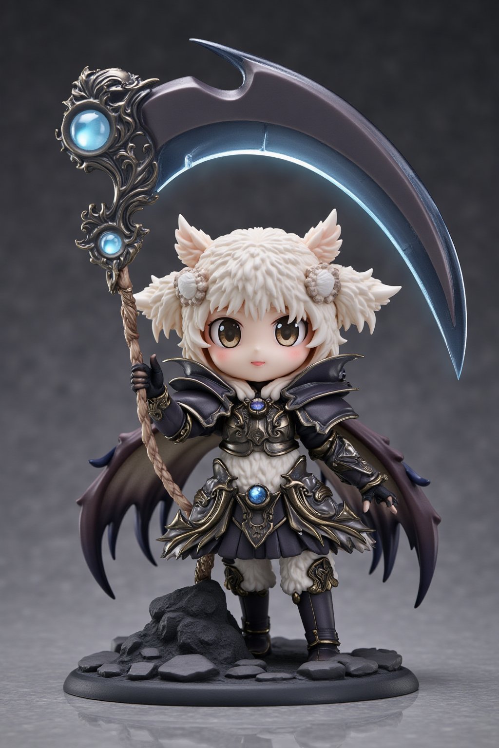 A highly detailed PVC figure of a personified sheep general, combining both an adorable and deadly aesthetic. The general is dressed in lightweight, finely crafted armor that still allows her soft, fluffy sheep wool to be visible, creating a unique blend of battle-readiness and cuteness. Her wool is sculpted with delicate, intricate textures that emphasize her innocent and petite appearance, giving her the look of a charming young girl. However, in stark contrast to her cute, loli-like design, she wields an enormous, menacing scythe—a weapon of the Grim Reaper.
The scythe is massive, with a long, twisted handle and an impossibly large, wickedly curved blade that gleams darkly, suggesting immense destructive power. The oversized weapon dwarfs her small frame, creating a striking visual contrast that combines her innocence with an underlying deadly force. Despite the scythe’s intimidating size, she handles it with ease, as if it were a natural extension of her. Her expression is one of soft innocence, with wide, curious eyes and a gentle smile, adding to the overall sense of dissonance between her appearance and the dangerous weapon she carries.
Her posture is relaxed yet confident, as if unfazed by the gravity of the scythe in her hand, further enhancing the contrast between her cute, childlike appearance and the fearsome, battle-ready aura she radiates. The PVC material highlights the softness of her wool, the shine of her armor, and the cold, lethal sheen of her scythe, making her both a captivating and unsettling figure. The juxtaposition of her small, adorable form with the oversized Grim Reaper scythe creates an intriguing visual balance of cuteness and danger. a 3D rendering of a figurine, Fantasy detailers, RPG Style