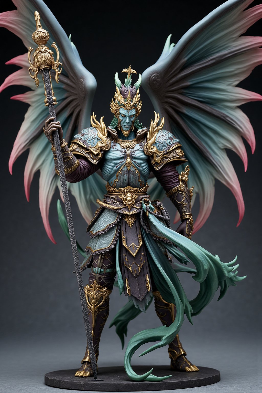 A highly detailed PVC figure of a personified dragon general, standing with a commanding and regal presence. The general is dressed in ornate, battle-worn armor, adorned with intricate dragon motifs that wrap around his chest and shoulders, reflecting his fierce strength and dragon-like power. On his head, he wears a jade crown, symbolizing both his nobility and his connection to ancient, mystical forces. In his right hand, he grips a long spear, the shaft decorated with swirling dragon patterns that seem almost alive, shimmering with a metallic sheen. At his waist hangs a finely crafted sword, its hilt wrapped in tassels that gently sway, adding a touch of elegance to his otherwise fearsome appearance.
The general's entire posture exudes an aura of confidence and dominance, his broad chest puffed out and his stance firm as he stands ready for battle. Behind him, a pair of large, powerful wings spread wide, each feather finely detailed, allowing him to take flight and soar through the heavens with ease. His wings, combined with his fearsome armor, give him the appearance of a warrior who can both rule the skies and dominate the battlefield. The PVC material highlights the sleekness of his armor, the shimmer of his crown, and the fluidity of his wings in mid-motion. His presence is awe-inspiring, as if he were about to leap into the sky, riding the winds and commanding the clouds with his indomitable spirit. a 3D rendering of a figurine, Fantasy detailers, RPG Style