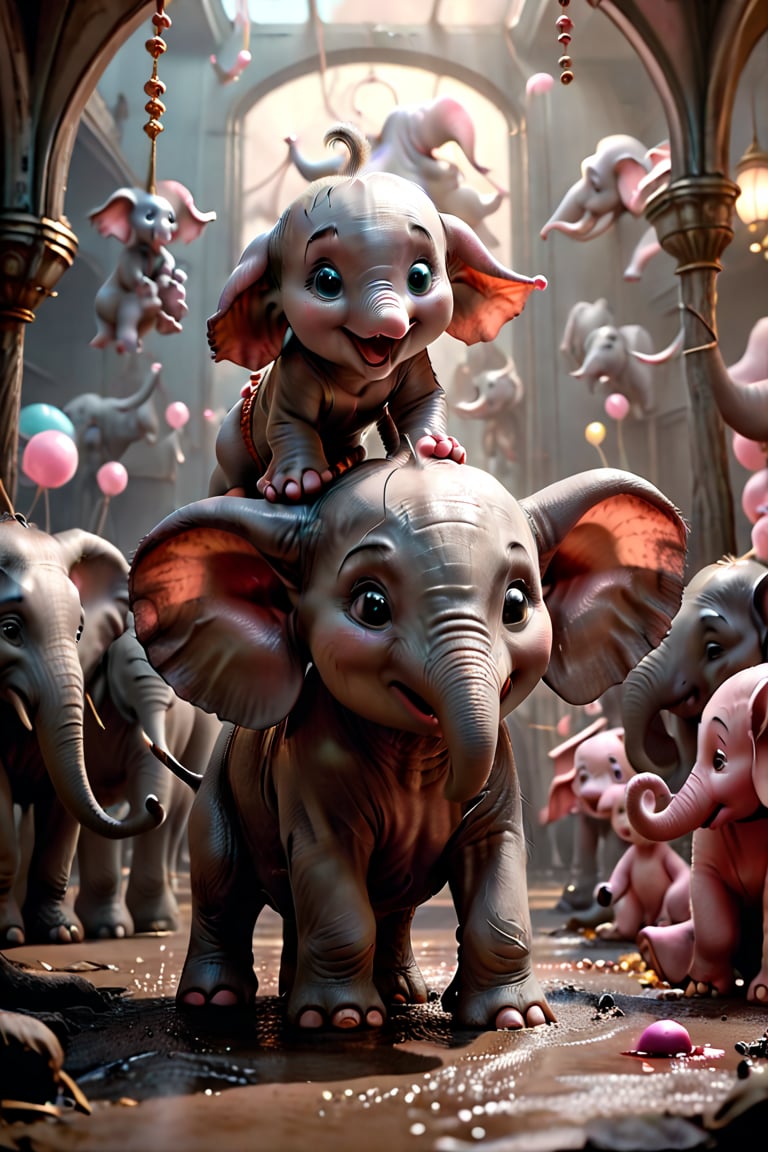 gost elrephants, Disney's Dumbo in real life on a psychotropic journey, near him can see pink Demortic elephants,, 4k movie quality movie, in the background can see too much deformed p marchingink elephants, whit baby dumbo in the down part whit dunked face,dark,chiaroscuro,low-key, 