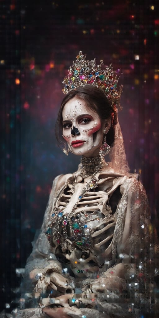 Vibrant real skull Catrina portrait in vivid colorfull tones: colorfull background A stunning, sensual Mexican real skeleton skull girl, adorned with intricate jewels, sits regally against a rich, dark background. Her delicate features are rendered in exquisite detail, with piercing eyes and full lips painted crimson. A tiara of sparkling gems crowns her head, while a lace shawl drapes elegantly across her shoulders, framing the elaborate design. The overall effect is one of opulence, mystique, and captivating beauty. paint made whit jewelsa sticked in the face,PorcelainDollPrincess,c0l0rw0rldd, PAINT Ctoo much jewels as paint, Perfect_Body,VIVID
