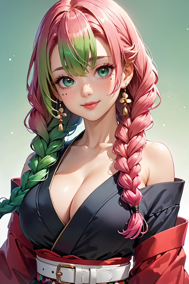 1girl,solo,long hair,breasts,looking at viewer,blush,smile,bangs,large breasts,cleavage,hair between eyes,bare shoulders,jewelry,closed mouth,green eyes,collarbone,upper body,pink hair,braid,multicolored hair,earrings,japanese clothes,green hair,belt,kimono,off shoulder,mole,twin braids,two-tone hair,lips,mole under eye,gradient hair,white belt,demon slayer uniform,kanroji mitsuri
,kanroji mitsuri