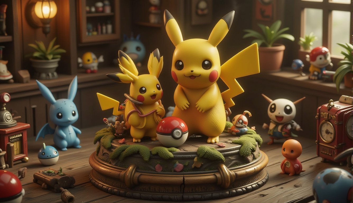 ((Ultra HD image)), Figurine of pikachu and pokemon ball accessories toy sale pack, Toy Pack, retro style package, vibrant. Hyper detailed, best design, ((Masterpiece, best quality, best image)), 16K UHD, dynamic angle. Resin, Anime 3D CGI-ABM