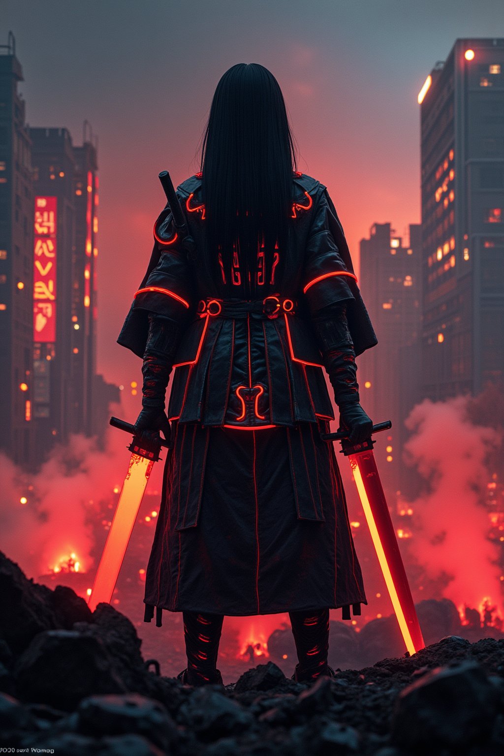 A cyborg geisha stands triumphantly amidst a smoldering metropolis, her raven-black tresses flowing like a waterfall down her back, framing her determined pose. Wearing samurai armor with neon accents, she holds her katana firmly in both hands, its gleaming blade reflecting the pulsating red and black hues of chaos behind her. Amidst the battlefield's ruin, neon-lit smoke billows through the air, casting an eerie glow on the devastated landscape.