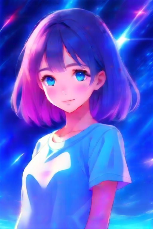 cute and fluffy background. A girl standing with a star-background, strongly backlit with clear and crisp lighting. Drawn in nicely detailed cel-shaded brilliant colours, well-done anime-style texture. (detailed focus on simply drawn eyes:0.5)