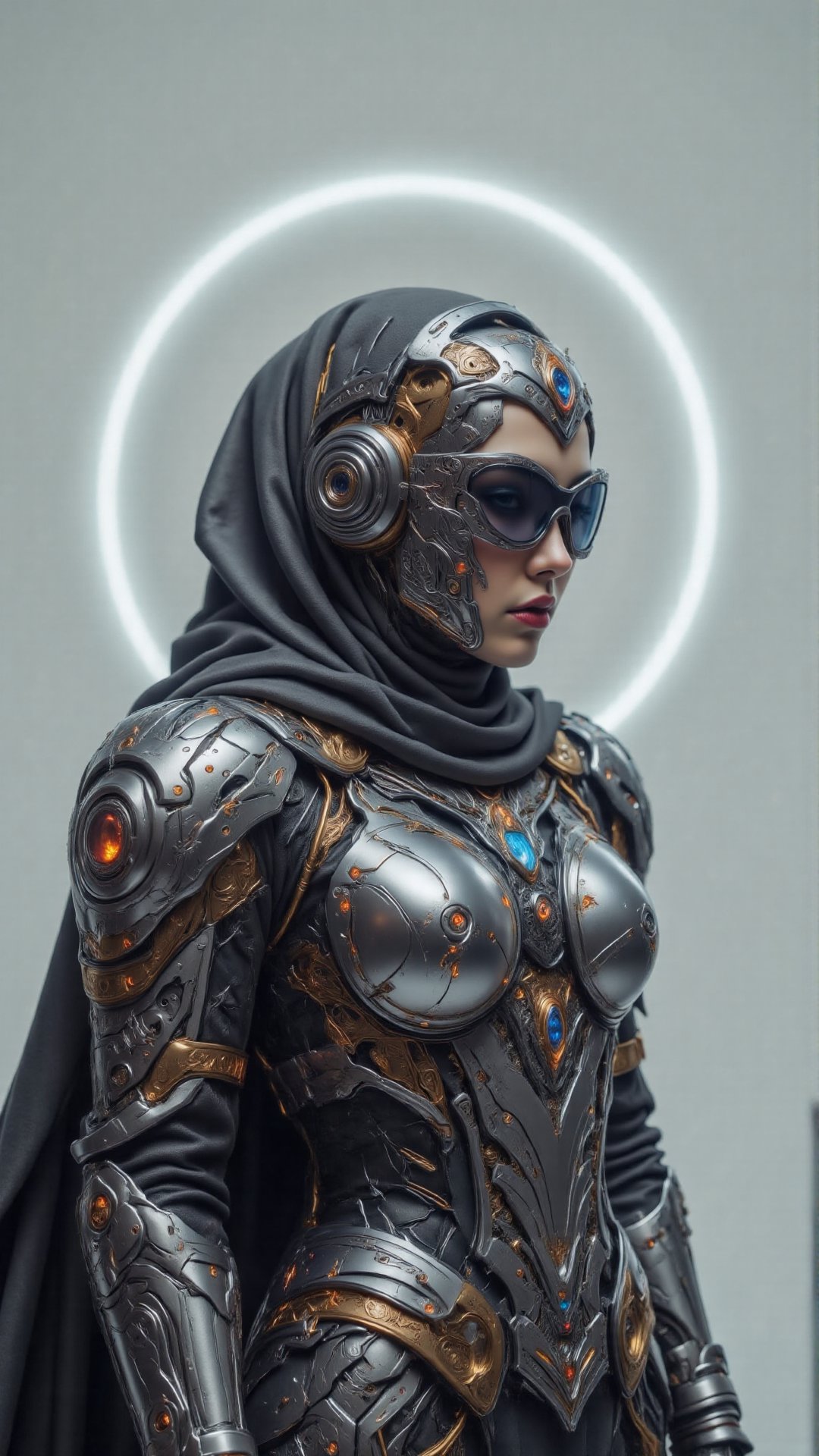 A minimalist avatar of a female cyberpunk hacker wearing a modernized baju kurung with neon-lit seams. She has a holograph...