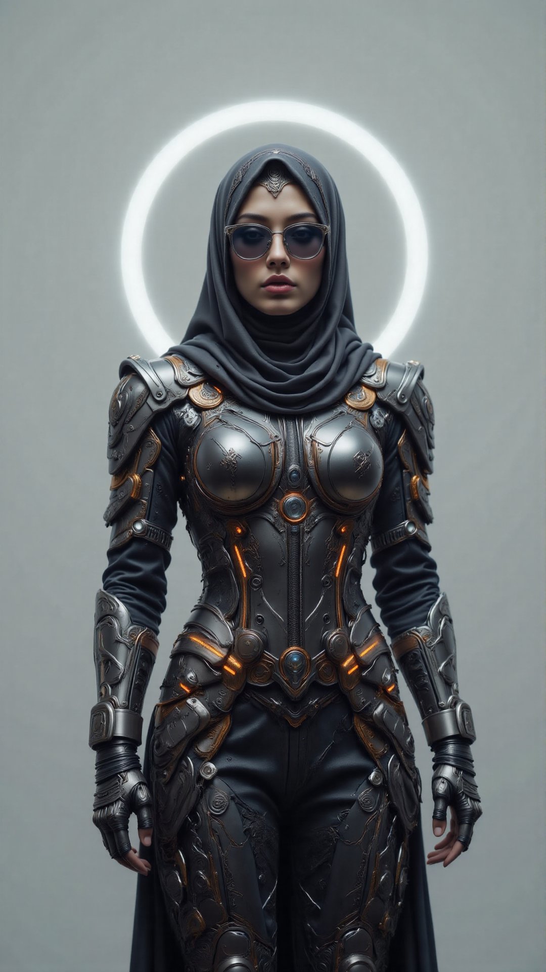 A minimalist avatar of a female cyberpunk hacker wearing a modernized baju kurung with neon-lit seams. She has a holograph...