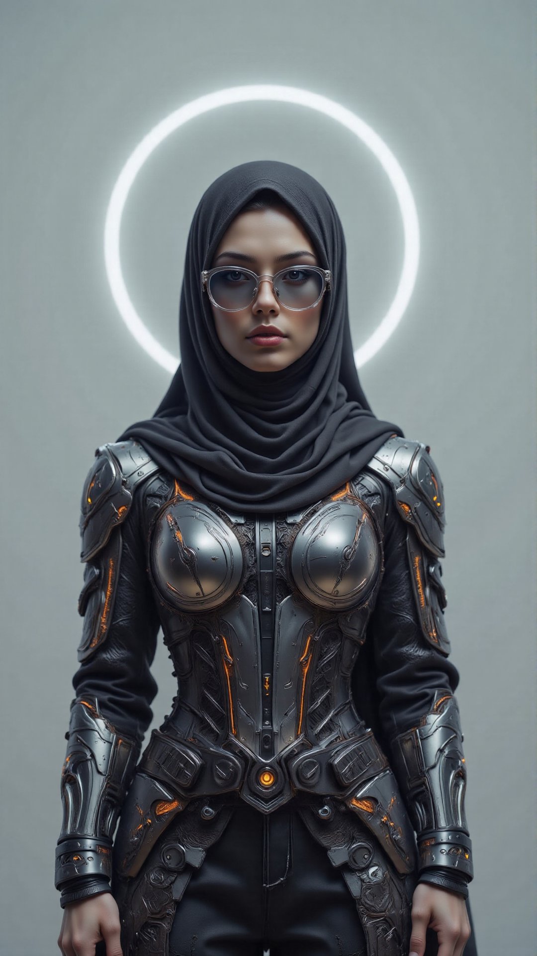 A minimalist avatar of a female cyberpunk hacker wearing a modernized baju kurung with neon-lit seams. She has a holograph...