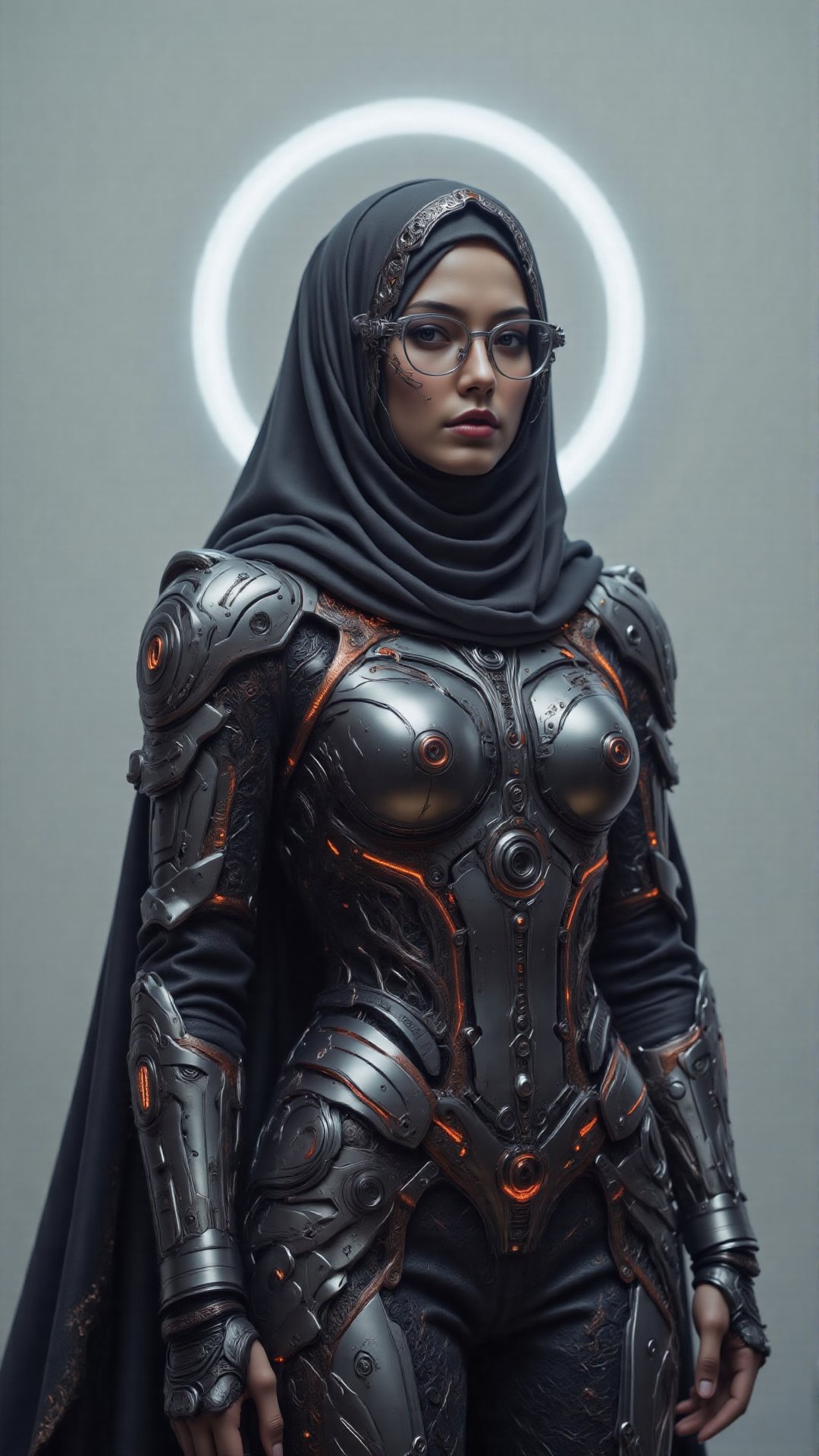 A minimalist avatar of a female cyberpunk hacker wearing a modernized baju kurung with neon-lit seams. She has a holograph...