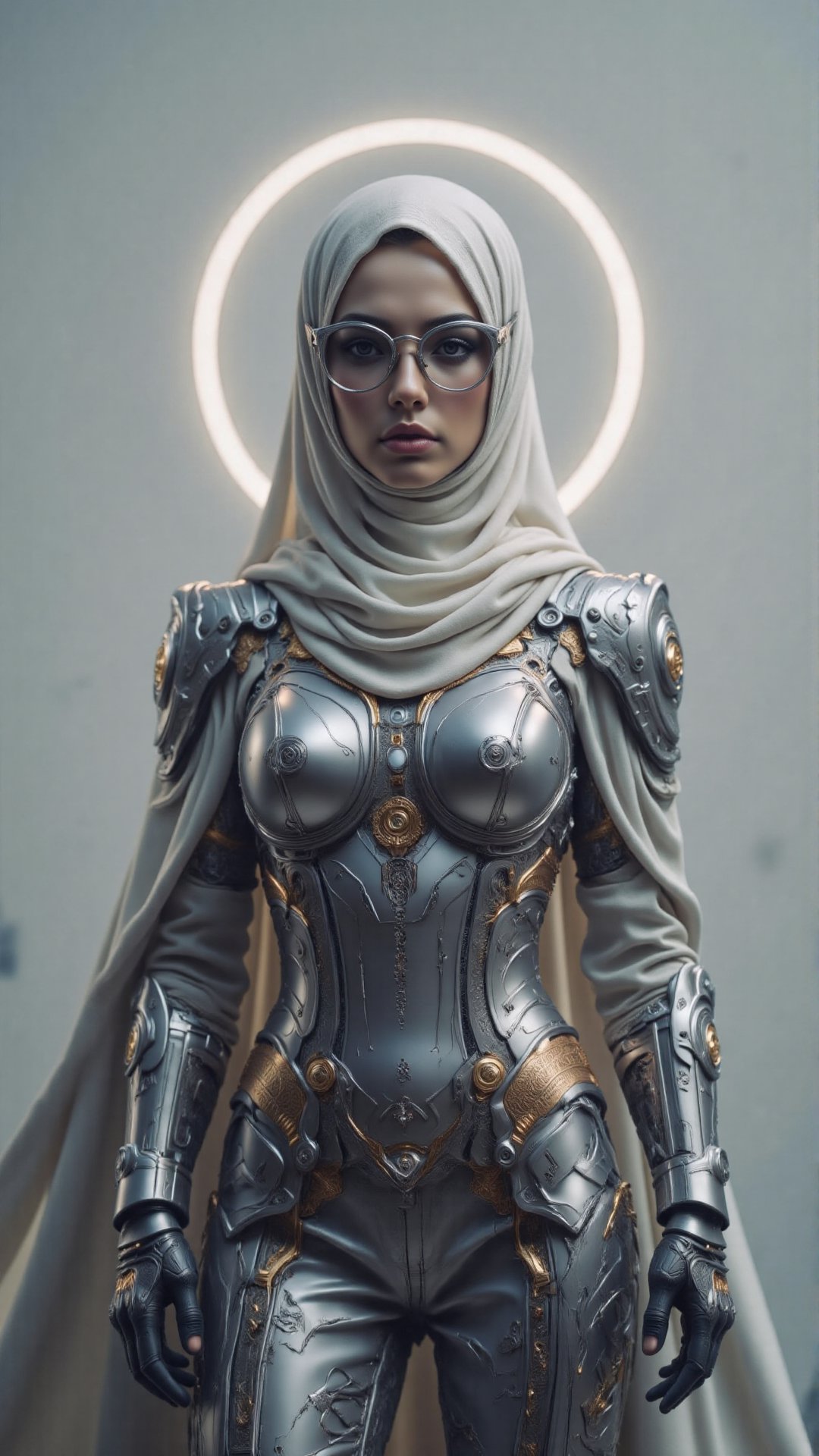 A minimalist avatar of a female cyberpunk hacker wearing a modernized baju kurung with neon-lit seams. She has a holograph...