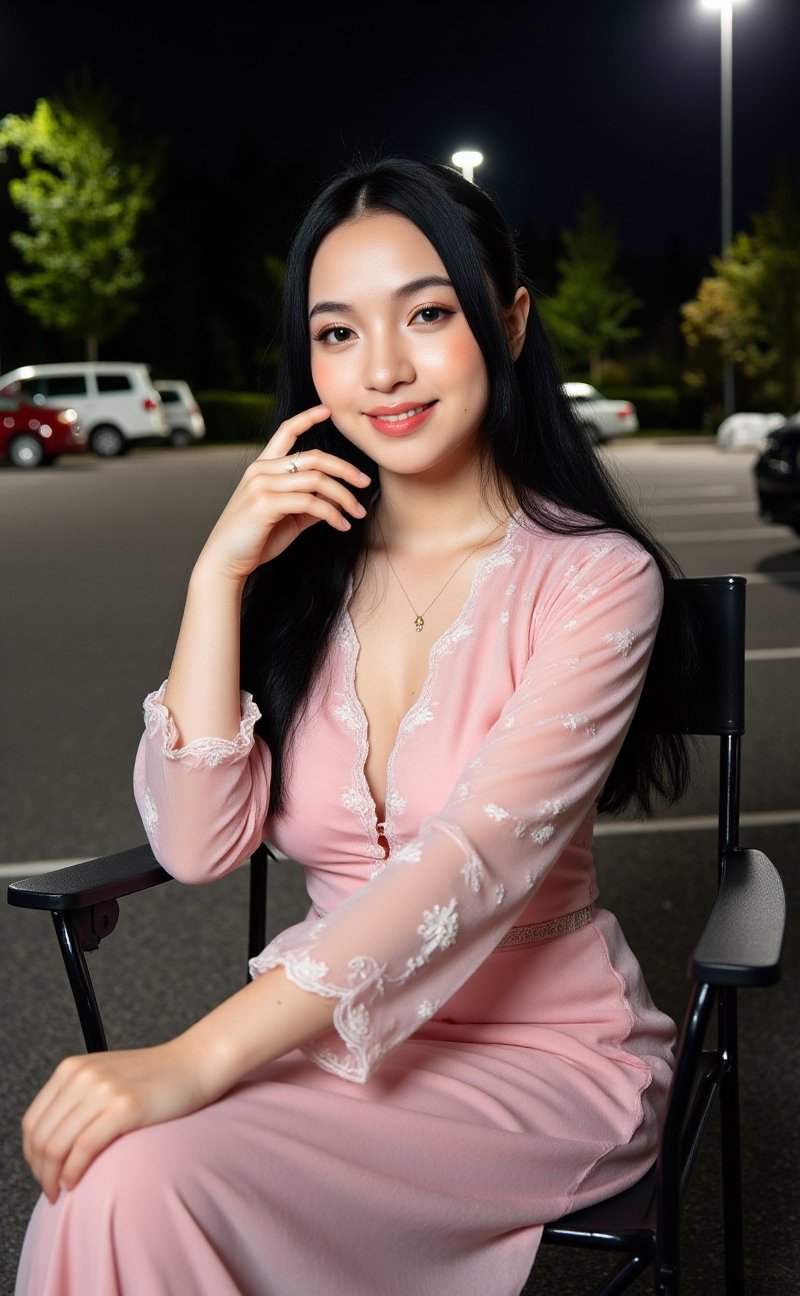 Ultra-Detailed AI Image Generation Prompt A stunning young Southeast Asian woman with soft Malay features sits gracefully...
