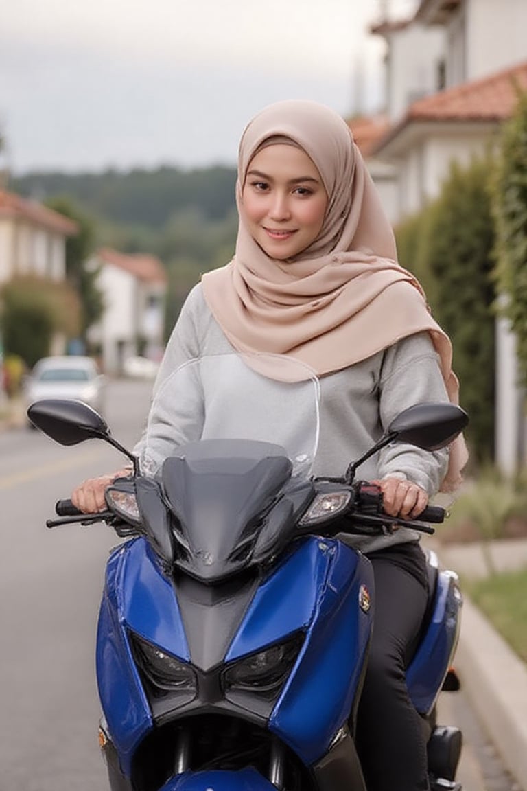 a hyper-realistic outdoor portrait of a young woman wearing a light beige hijab,  gray long-sleeve shirt,  and dark pants...