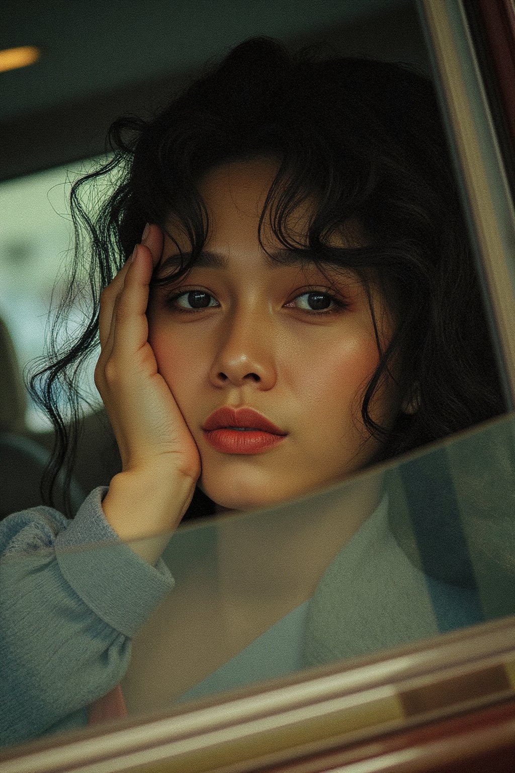 Young woman with dark curly hair, seated in a car, hand resting on her forehead, looking thoughtfully at the camera, projecting a mood of pensive introspection and quiet confidence], [Photographic portrait, film photography style], [Inspired by the work of Ryan McGinley and Larissa Hofmann], [Warm, slightly desaturated color palette; soft, natural lighting; visible film grain and texture; shallow depth of field; focus on the woman's face and eyes; the background is blurred, showing the interior of a car; the overall aesthetic is reminiscent of candid snapshots; slightly underexposed for a moody effect, hubg_beauty_face