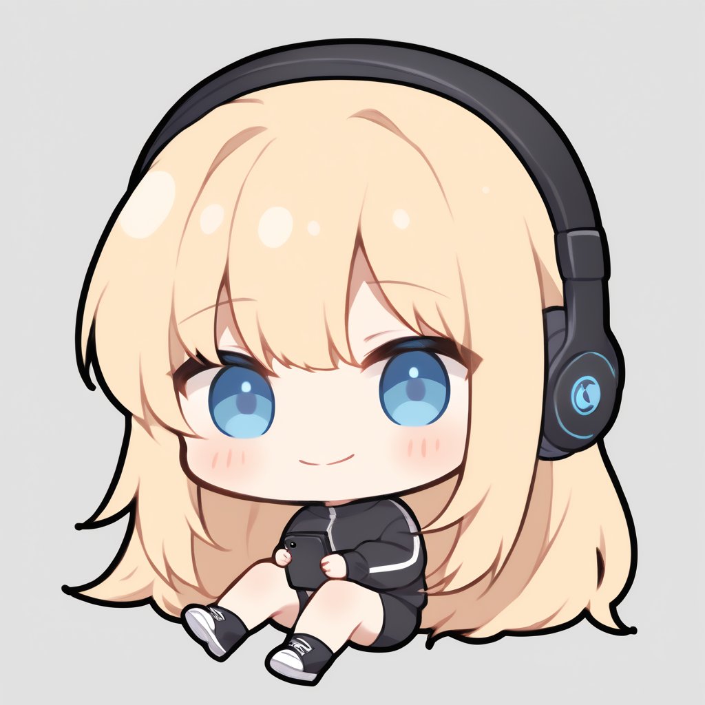 1girl, girl, solo, (blonde hair,) long hair, blue eyes, (bangs), black socks, black sneakers, black track jacket, black shorts, black headphones, holding black smart phone, sitting, solo, smile, (chibi,), blush,, simple white background,