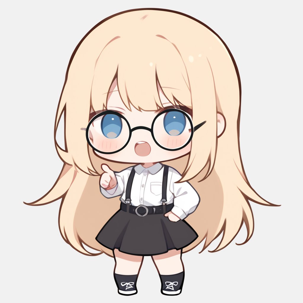 1girl, girl, solo, (blonde hair,) long hair, blue eyes, (bangs), black socks, black sneakers, dress shirt, black skirt, belt. suspenders, black socks, 1 hand pointing, standing, mouth open, theeth, solo, circle glasses, (chibi,), blush,, simple white background,