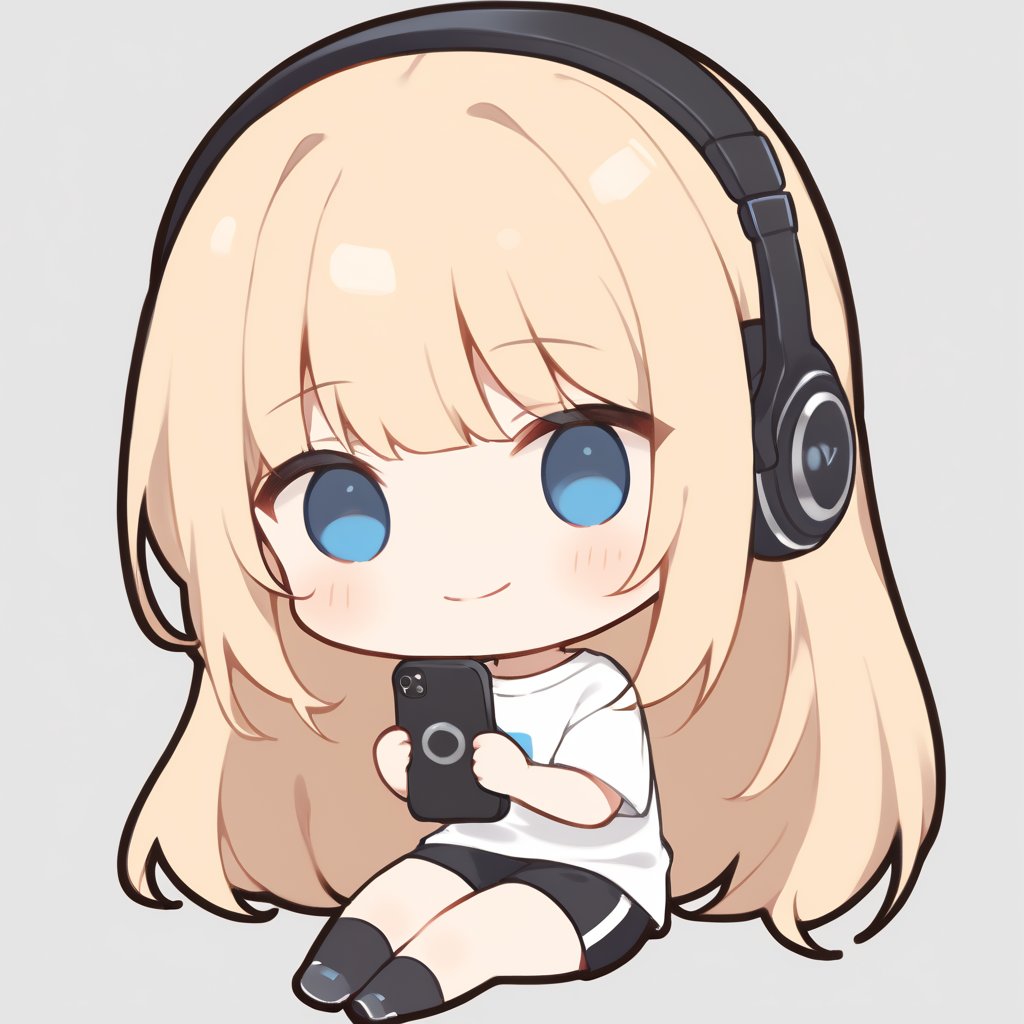 1girl, girl, solo, (blonde hair,) long hair, blue eyes, (bangs), black socks, black sneakers, white t-shirt, black shorts, black headphones, holding black smart phone, sitting, solo, smile, (chibi,), blush,, simple white background,