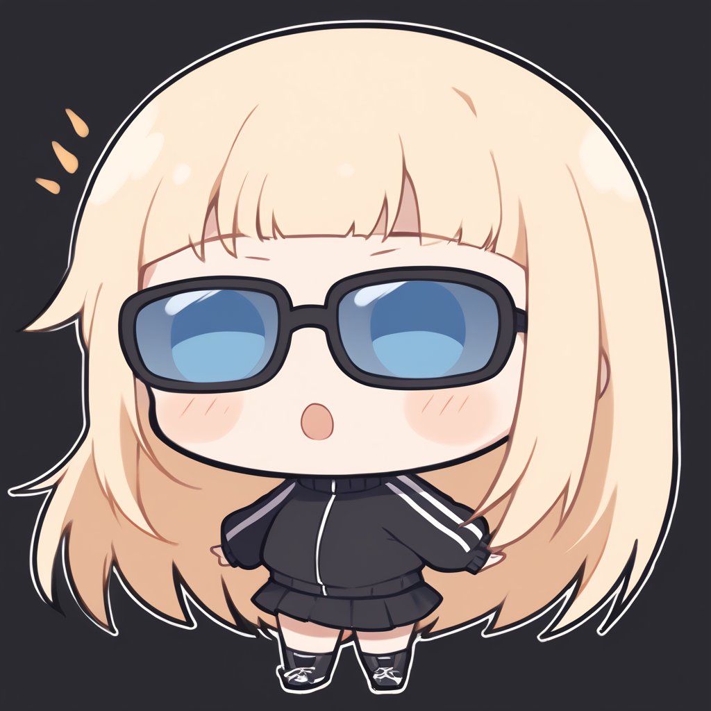 1girl, stoat girl, solo, ((blonde hair)), long hair, blue eyes, (bangs), black sports track jacket, (black skirt), black sneakers, solo, black stockings, (chibi,), blush,, simple white background, blush, (surprise), (surprised), (mouth open), Upper Body, sunglasses