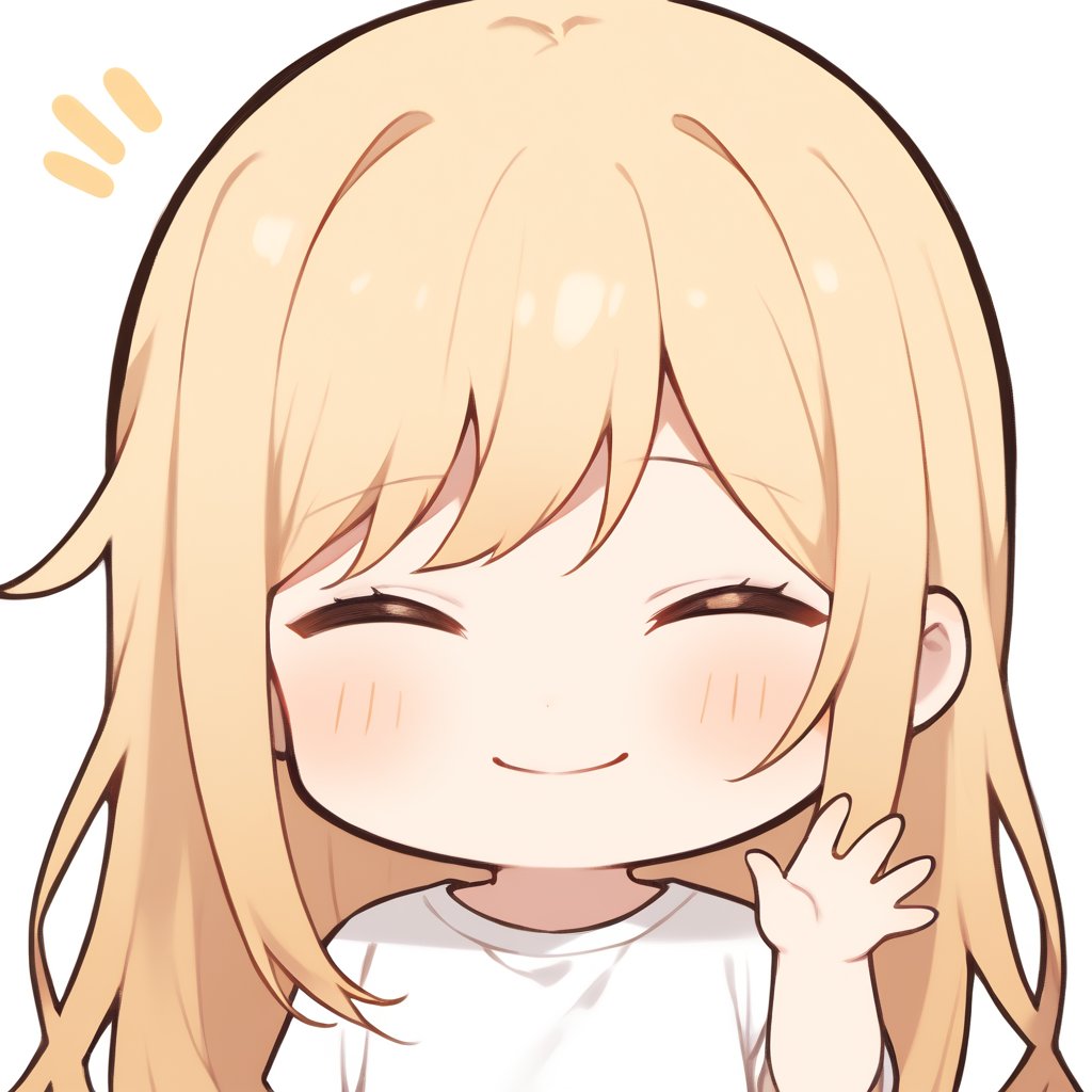 1girl, girl, solo, (blonde hair,) long hair, closed eyes, (bangs), white t shirt, black shorts, waving, solo, smile, looking at viewer, (chibi,), blush,, close up, simple white background,