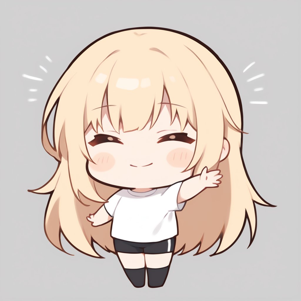 1girl, girl, solo, (blonde hair,) long hair, closed eyes, (bangs), white t shirt, black shorts, black socks, waving at viewer, solo, smile, looking at viewer, (chibi,), blush, simple white background,