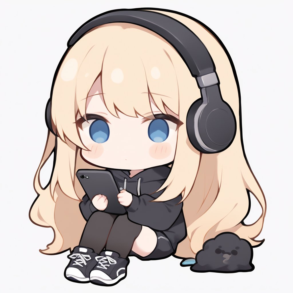 1girl, girl, solo, (blonde hair,) long hair, blue eyes, (bangs), black hoodie, (black shorts), black sneakers, solo, black stockings, (chibi,), blush,, sitting, holding black smart phone,, black headphones, simple white background,