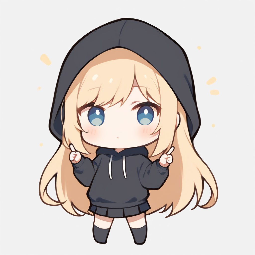 1girl, girl, solo, (blonde hair,) long hair, blue eyes, (bangs), solo, (chibi,), blush, black hoodie, black skirt, black socks, two index finger pointing towards one another. ( looking at viewer, simple white background,,