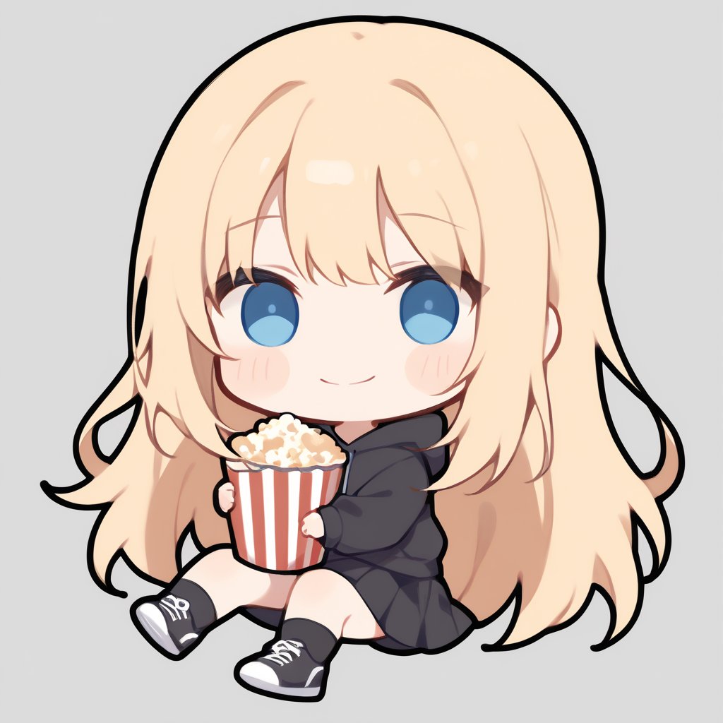 1girl, girl, solo, (blonde hair,) long hair, blue eyes, (bangs), black blank hoodie, (black skirt), black sneakers, solo, black socks, (chibi,), blush,, sitting down, holding popcorn, looking at viewer, simple white background, smile,