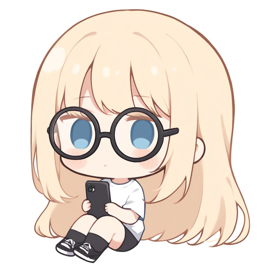 1girl, girl, solo, (blonde hair,) long hair, blue eyes, (bangs), black socks, black sneakers, white t-shirt, black shorts, black headphones, holding black smart phone, sitting, solo, circle glasses, (chibi,), blush,, simple white background,