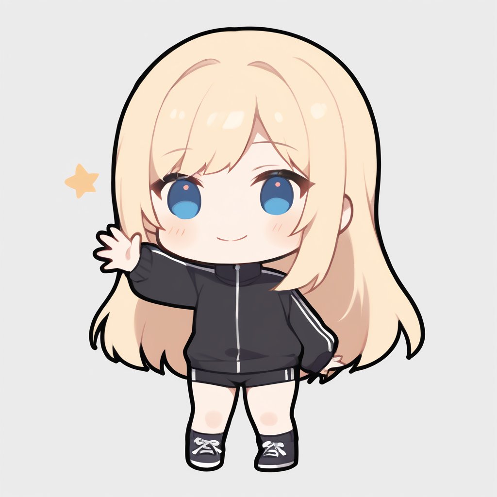 1girl, girl, solo, (blonde hair,) long hair, blue eyes, (bangs), black socks, black sneakers, black track jacket, black shorts, waving, solo, smile, looking at viewer, (chibi,), blush,, simple white background,