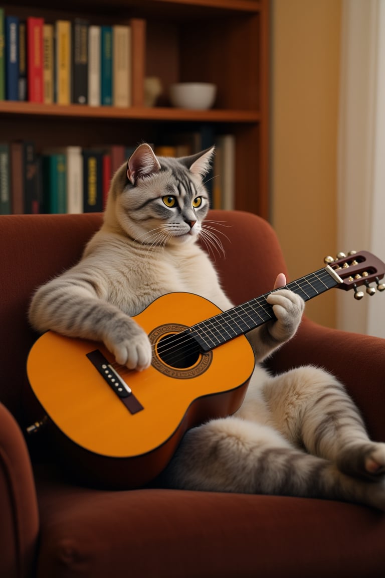 A realistic cat with soft fur sits in an armchair, playing an acoustic guitar with its paws. Soft lighting creates a cozy atmosphere in the room, with shelves of books in the background. The cat's posture is relaxed, paws gently strumming the guitar strings. The armchair is plush, and the room is warmly lit, emphasizing the cozy ambiance. The bookshelves are filled with various books, adding to the homely scene.