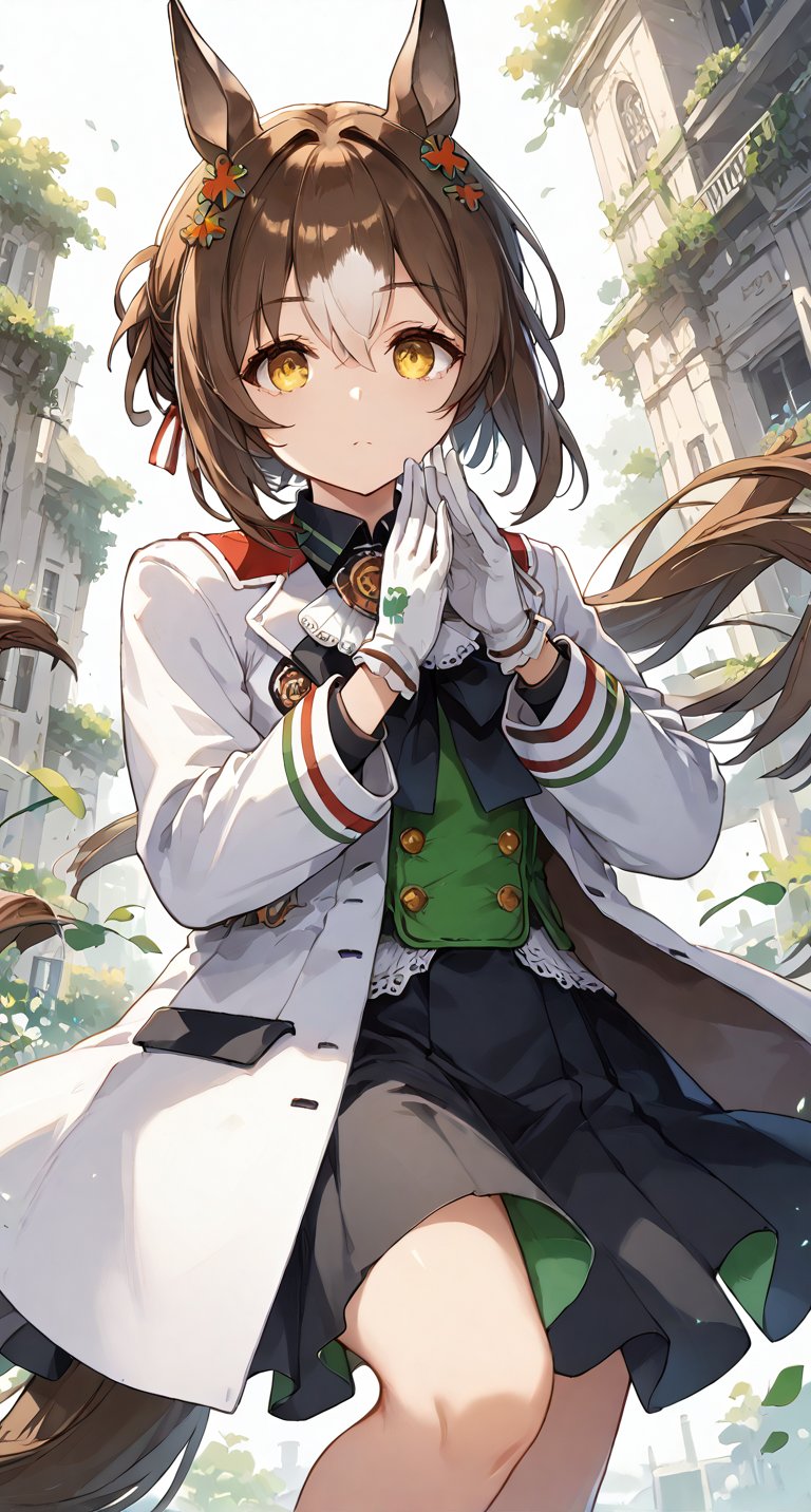 score_9, score_8_up, score_7_up, BREAK, best quality, masterpiece, very aesthetic, ultra detailed,very detailed background,,zPDXL3,FIne_M,FM_Race, 1girl, solo, brown hair, hair ornament,yellow eye, gloves,white jacket, horse ears, horse tail, black skirt,
