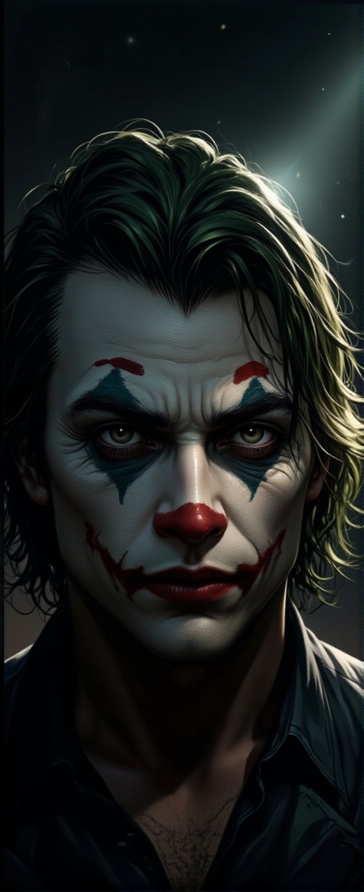 detailed illustration, illustration by Serpieri, best quality, masterpiece, portrait of The Joker (Batman, Heath Ledger), dramatic lighting, chiascuro, light hitting one side of the face, High Definition HD, High Detail, Perfect Composition, mythp0rt