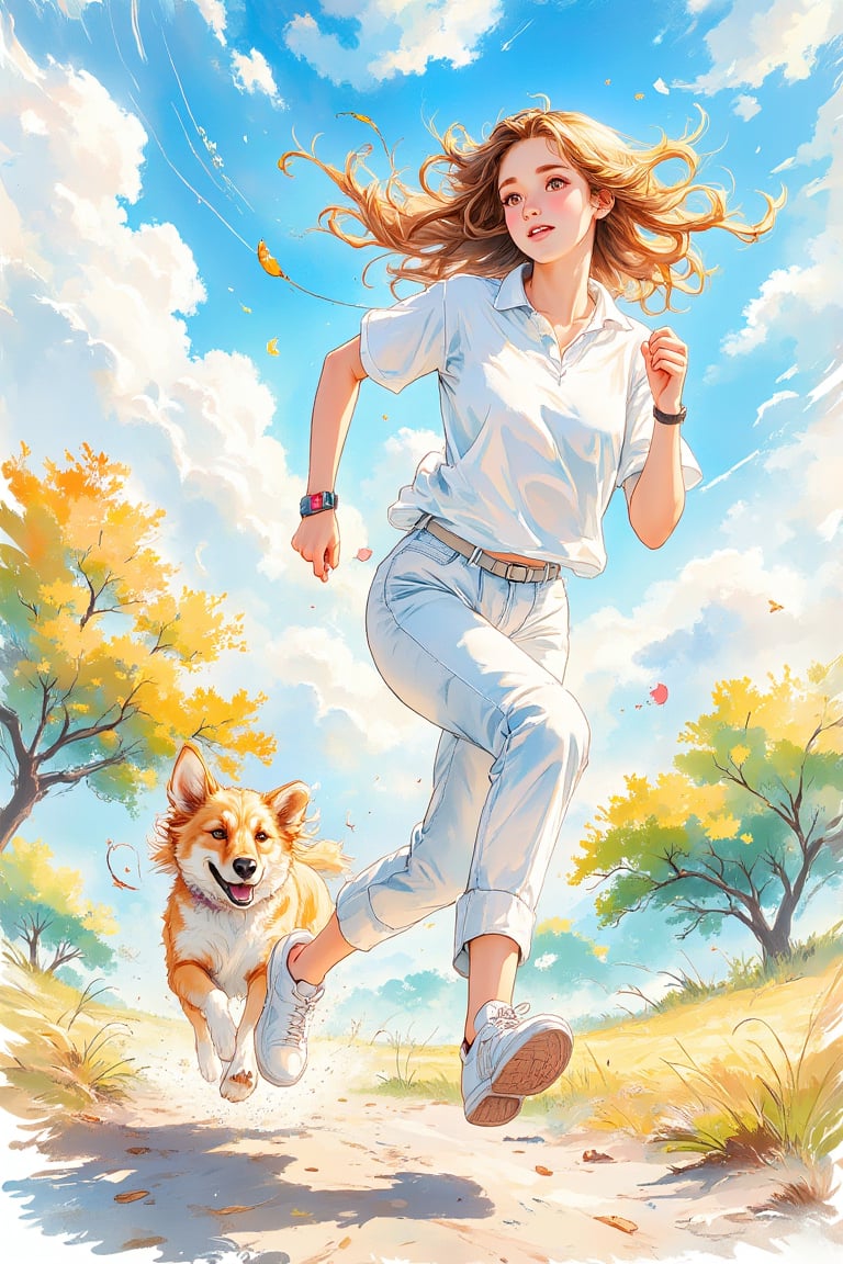 High quality, illustrations,watercolor:0.5, 1girl, the movement style, run, a dog, white shirt, white pants, one arm to wear sports watches, clouds, in the face of lens, the tree, the outdoors,cheerful candy