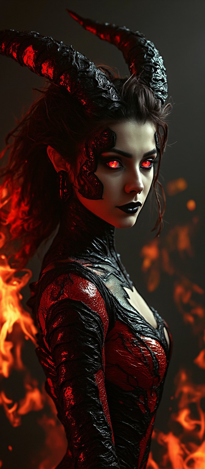 Generate hyper realistic image of a powerful, demonic female figure with a dark, fiery aesthetic. Her face is sharp and angular, exuding a mix of beauty and malevolence. She has a confident smirk. Her eyes glow with a vivid red hue and are feline-like. Black and red demonic markings cover her face in swirling patterns, blending seamlessly with her skin. She has two large, blackened horns that curl backward from her forehead, textured with ridges and dark veins. Her ears are pointed and sharp, like of an elf. Her hair is a mixture of deep black and dark crimson, flowing back in waves. The armor is part of her skin, it blends seamlessly with her flesh. This organic, skin-tight armor covers her chest, shoulders, and arms. The armor is primarily black with intricate red patterns carved into it. The background is dark, filled with roaring flames and shadows. The fiery glow highlights the infernal setting.