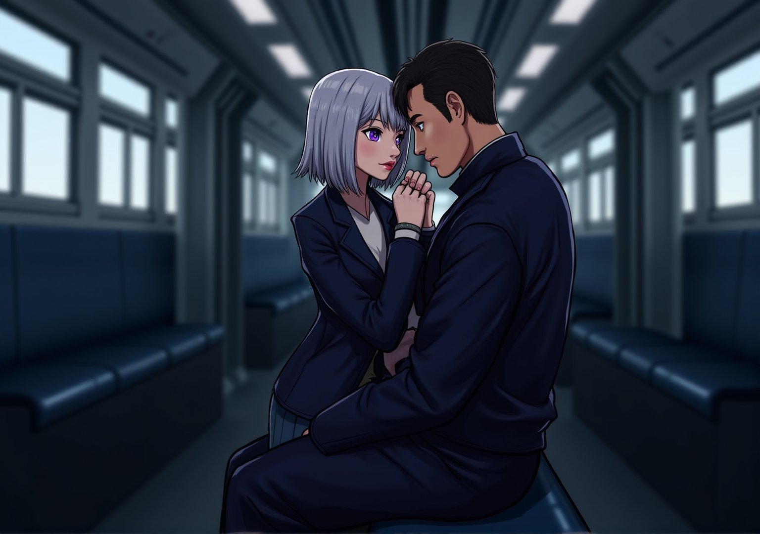 Create an image of a young woman in her mid-20s with medium-length silver hair and striking purple irises, dressed in a formal military uniform, sitting in a futuristic train. She is seated in the lap of a slightly older and taller man with dark hair in a flightsuit or working wear, sitting in his lap and facing away from him. Her expression reflects an internal struggle as she tries not to let her arousal show. The woman appears flustered yet quietly enjoying the intimate contact, subtly biting her lip or blushing. The futuristic train setting should have sleek metallic designs and soft lighting, and empty of other people.