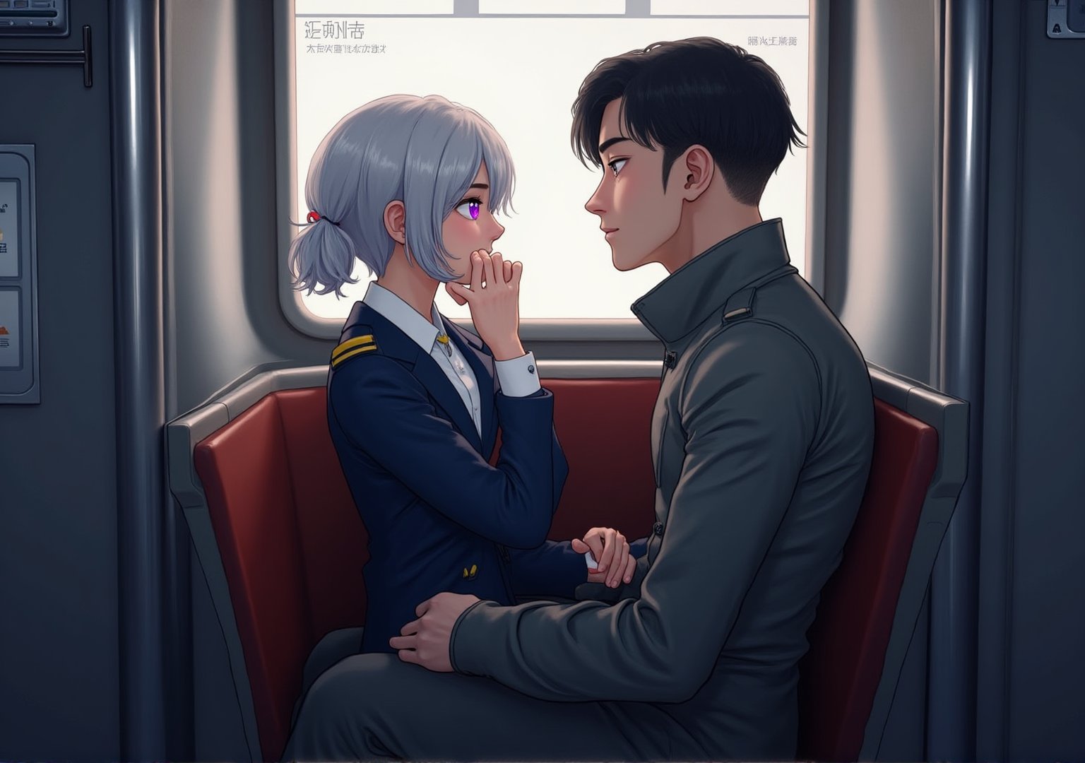 Create an image of a young woman with medium-length silver hair and striking purple irises, dressed in a formal military uniform, sitting in a futuristic train. She is seated in the lap of a taller man with dark hair in a flightsuit or working wear, sitting in his lap and facing away from him. Her expression reflects an internal struggle as she tries not to let her arousal show. The woman appears flustered yet quietly enjoying the intimate contact, subtly biting her lip or blushing. The futuristic train setting should have sleek metallic designs and soft lighting, and empty of other people.