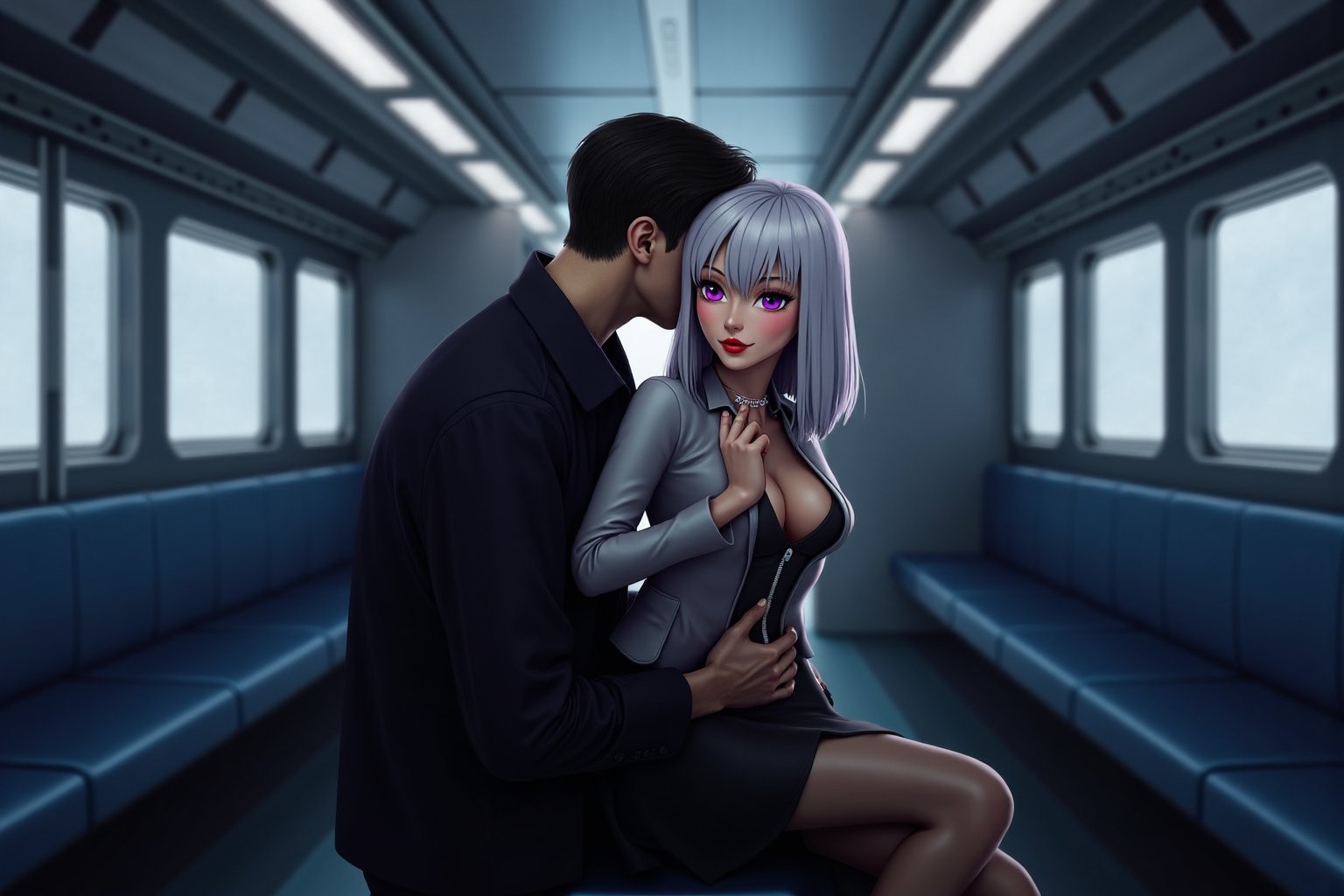 Create an image of a young woman in her mid-20s with medium-length silver hair and striking purple irises, dressed in a formal military uniform, sitting in a futuristic train. She is seated in the lap of a slightly older and taller man with dark hair in a flightsuit or working wear, sitting in his lap and facing away from him.  Her fitted jacked is undone and a sheer, white blouse is underneath. Her expression reflects an internal struggle as she tries not to let her arousal show. The woman appears flustered yet quietly enjoying the intimate contact, subtly biting her lip or blushing. The futuristic train setting should have sleek metallic designs and soft lighting, and empty of other people.