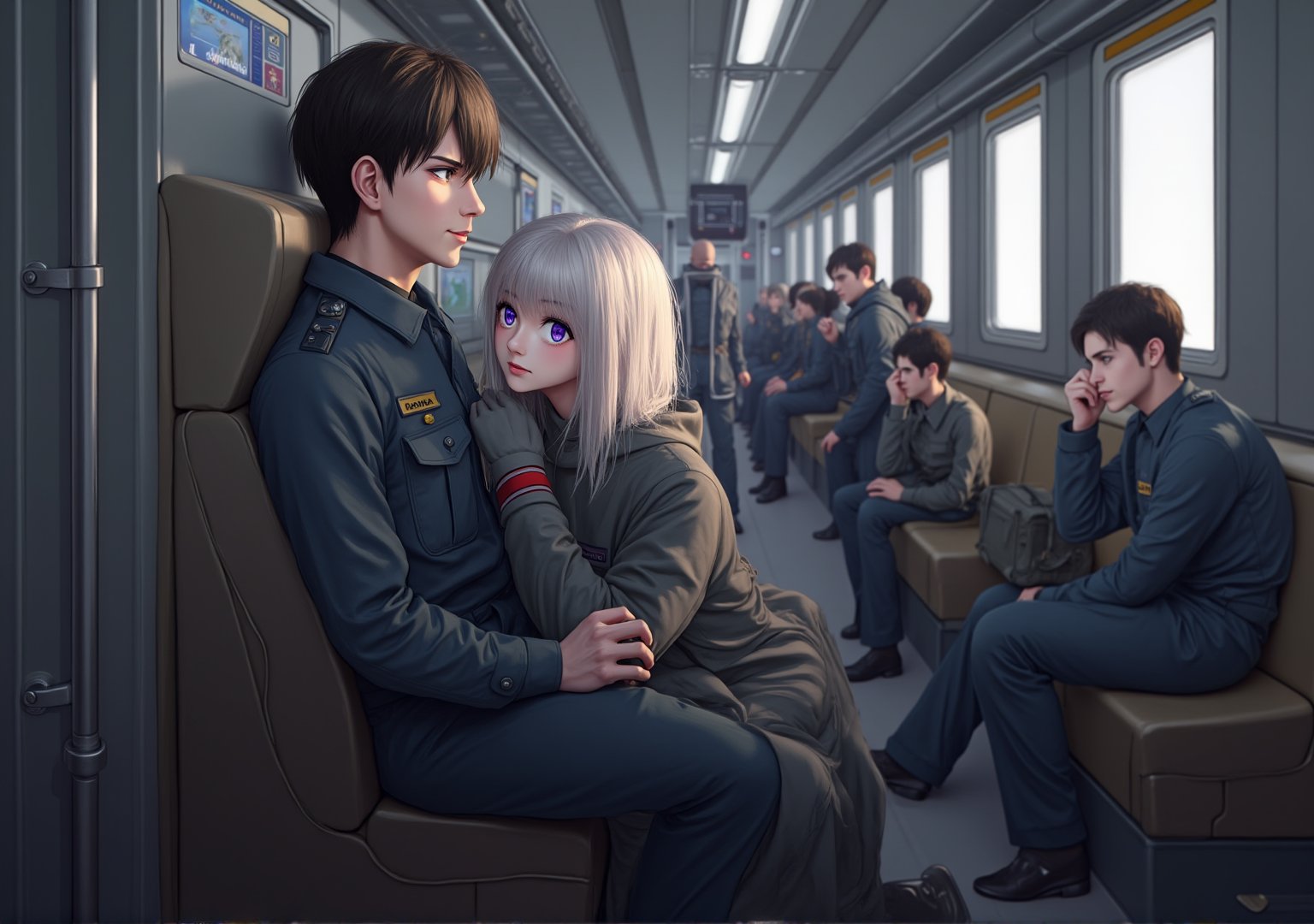 Create an image of a young woman with medium-length silver hair and striking purple irises, dressed in a formal military uniform, sitting in a futuristic train. She is seated in the lap of a taller man with dark hair in a flightsuit or working wear, sitting in his lap and facing away from him. Her expression reflects an internal struggle as she tries not to let her arousal show to the sparse people around them. The woman appears flustered yet quietly enjoying the intimate contact, subtly biting her lip or blushing. The futuristic train setting should have sleek metallic designs and soft lighting, with a few other passengers in the background, dressed in military uniforms or casual attire, unaware or politely ignoring the couple.