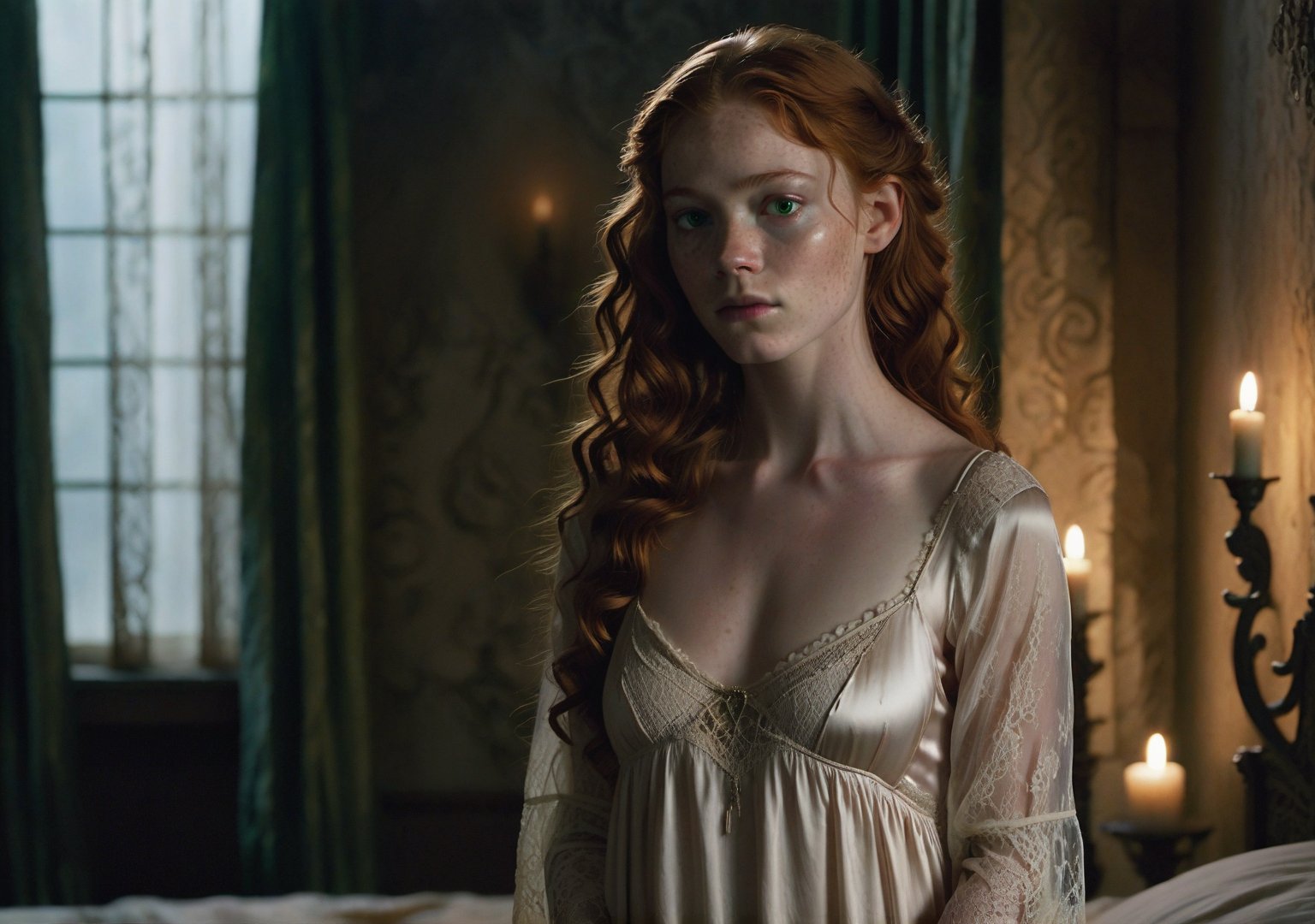 "A young woman with pale, freckled skin and auburn hair standing in a dimly lit room. Her loose curls cascade down her back, partially covering a delicate silk nightgown. The nightgown is thin, ivory-colored with lace trim, and tightly clings to her figure.  Some of the bodice is gauzy and see-through.  Her green eyes reflect the warm glow of a nearby candelabra, casting soft shadows across her face. The lighting highlights the softness of the silk and the texture of the lace. She stands with a guarded posture, one arm folded across her body. The room is decorated with dark, heavy curtains, an ornate bed, and cold stone walls, creating an atmosphere of isolation and luxury."  Frontal view.
