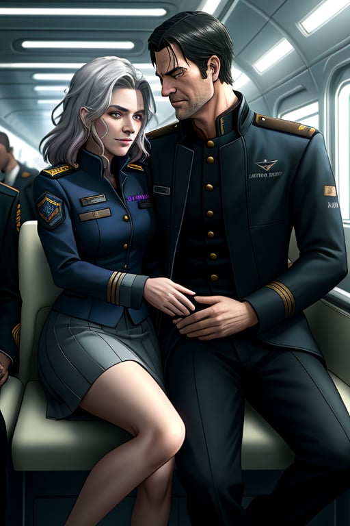 Futuristic train interior with sleek metallic designs and soft lighting. Glacia Astania, a striking woman in her mid-20s with silver hair and vibrant purple irises, sits in the lap of a man in his early 40s. She wears a dark military officer’s uniform with a skirt ending at her knees, her last name 'Astania' visible on her jacket’s tag. The man has dark hair in a crew cut and wears a futuristic flight suit with 'Fokker' on his chest. His hand is on her leg, leading up to her skirt, while the other undoes one button at her neck. They subtly fool around with playful expressions and light touches, discreet in the public setting as a few passengers around them politely ignore their chemistry.