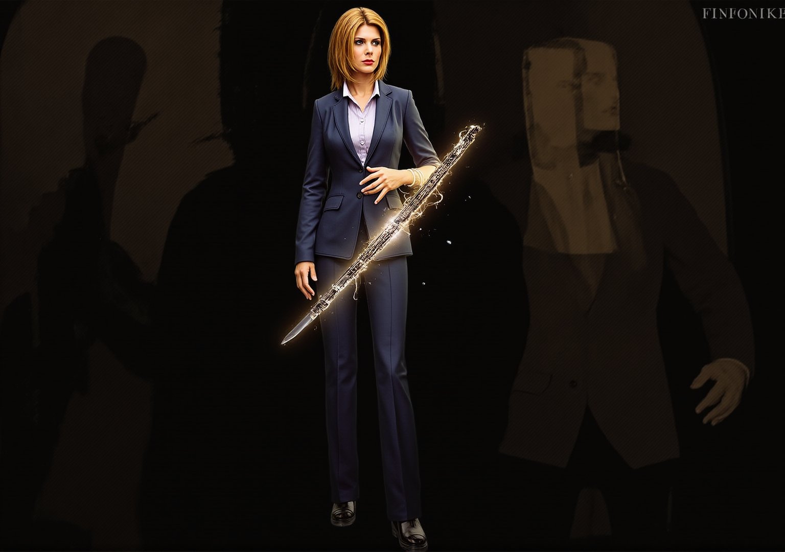 Create an image of Dana Scully standing confidently, wielding the Witchblade on her right wrist and forearm. She should be dressed in her iconic FBI attire, featuring a tailored blazer and pants, with her expression reflecting empowerment and determination. The Witchblade should appear as a glowing, intricate artifact, wrapping elegantly around her forearm, with tendrils of energy emanating from it, showcasing its mystical nature. The background should hint at a dark and mysterious atmosphere, perhaps with shadows of supernatural elements, emphasizing her role as a strong and capable investigator. The image should capture the blend of her scientific rationality with the supernatural power of the Witchblade, highlighting her as a formidable force.