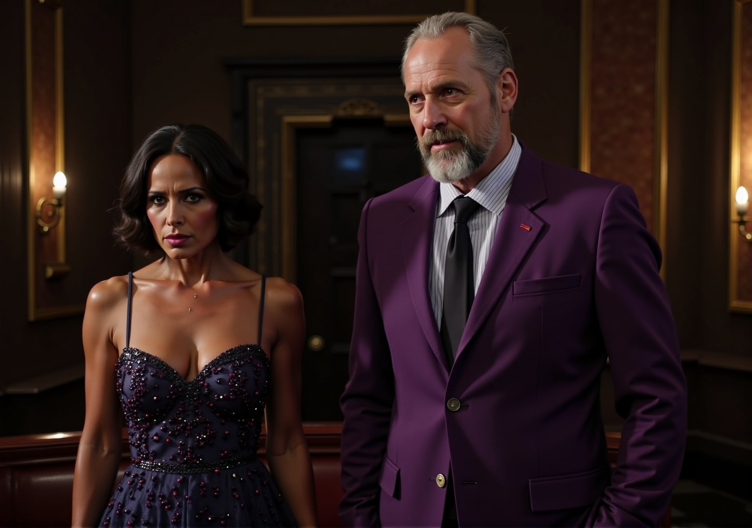 Create an image of Jessica Jones standing in a glamorous evening gown, looking somber and forlorn, her posture tense as if unwillingly controlled. Her expression shows pain and reluctance, with her eyes reflecting inner turmoil. Next to her stands a tall white man with a stubble beard in a sleek, tailored purple suit—Kilgrave—who is examining her with a smug, calculating gaze. His posture exudes control, while Jessica’s body language contrasts, showing her despair and reluctance to follow his orders. The setting is a luxurious, upscale venue, dimly lit with a sophisticated ambiance, adding to the tension between them. The focus should be on Jessica's sorrow and Kilgrave's dominance, visually expressing their power dynamic.