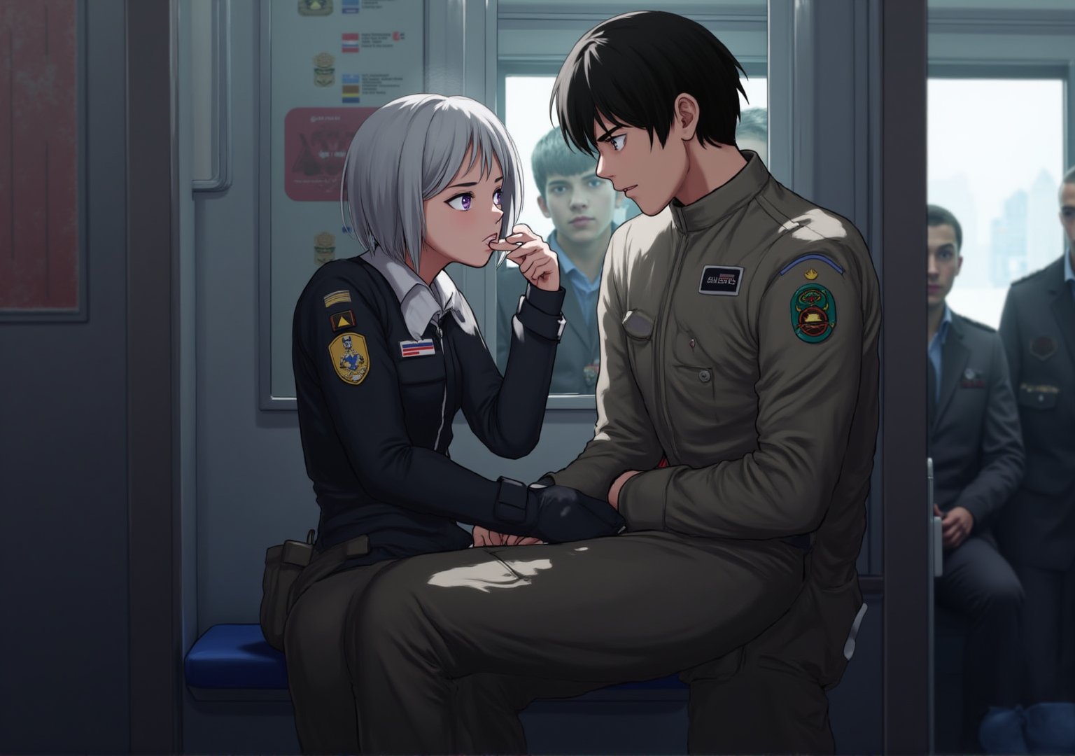 Create an image of a young woman with medium-length silver hair and striking purple irises, dressed in a formal military uniform, sitting in a futuristic train. She is seated in the lap of a taller man with dark hair in a flightsuit or working wear, sitting in his lap and facing away from him. Her expression reflects an internal struggle as she tries not to let her arousal show to the sparse people around them. The woman appears flustered yet quietly enjoying the intimate contact, subtly biting her lip or blushing. The futuristic train setting should have sleek metallic designs and soft lighting, with a few other passengers in the background, dressed in military uniforms or casual attire, unaware or politely ignoring the couple.