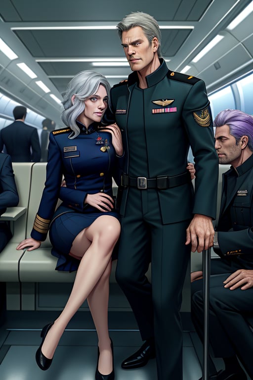 Futuristic train interior with sleek metallic designs and soft lighting. Glacia Astania, a striking woman in her mid-20s with silver hair and vibrant purple irises, sits in the lap of a man in his early 40s. She wears a dark military officer’s uniform with a skirt ending at her knees, her last name 'Astania' visible on her jacket’s tag. The man has dark hair in a crew cut and wears a futuristic flight suit with 'Fokker' on his chest. His hand is on her leg, leading up to her skirt, while the other undoes one button at her neck. They subtly fool around with playful expressions and light touches, discreet in the public setting as a few passengers around them politely ignore their chemistry.