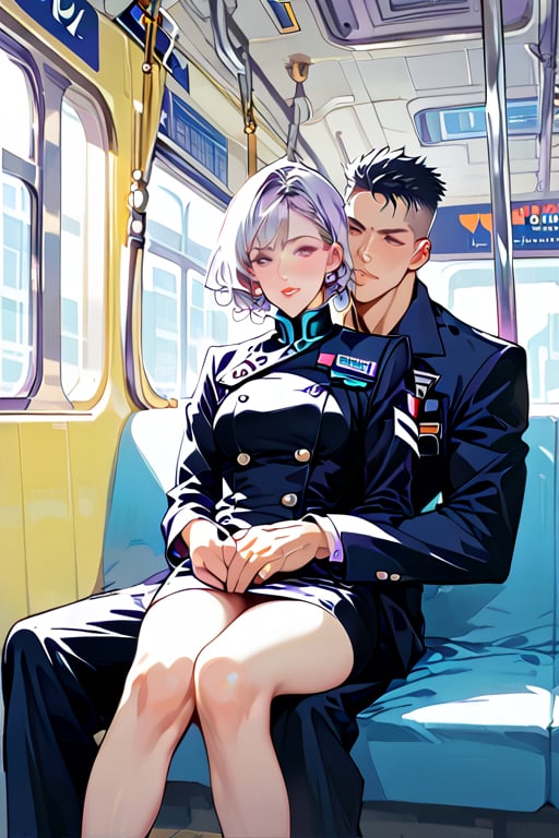 Create a scene inside a futuristic train, where Glacia Astania, a striking woman in her mid-20s with silver hair and vibrant purple irises, is sitting in the lap of a man in his early 40s. She is dressed in a dark military officer’s uniform with a skirt ending at her knees.  Her last name, 'Astania,' visible on her jacket’s tag. The man behind her has dark hair in a crew cut and is wearing a futuristic flight suit with 'Fokker' written on his chest.  One of his hands is on her leg, leading up to her skirt, the other is at her neck undoing one button.  They are subtly fooling around, with playful expressions and light touches, trying to keep their interaction discreet in the public setting. The futuristic train interior is sleek and modern, with metallic designs, soft lighting, and a few passengers around them, unaware or politely ignoring the couple’s attempts to hide their chemistry