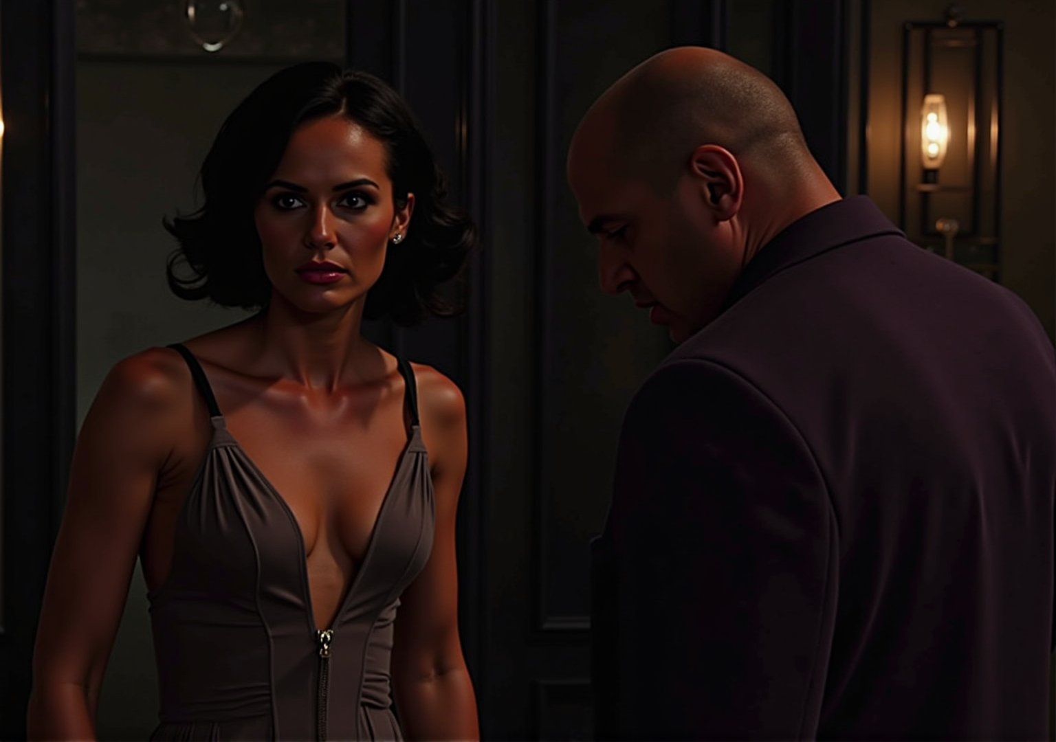 Create an image of Jessica Jones, a strong and defiant white woman, standing helplessly under Kilgrave's control. She’s dressed in a sultry, form-fitting evening gown that accentuates her figure and bares a lot of skin, symbolizing her forced role as his property. Her face reflects deep sorrow and resistance, a forlorn expression that reveals her inner turmoil. Kilgrave, a white British man dressed in a sleek, tailored purple suit, stands beside her, examining her with a smug and possessive look. The room should have an upscale, luxurious setting with dim lighting, emphasizing Jessica's emotional struggle against the oppressive control she cannot resist.